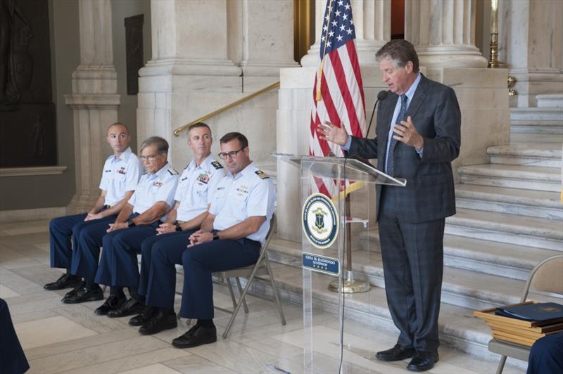 Rhode Island Lt. Gov. Dan McKee speaks to Coast Guard members at the State Capitol Building in Providence. McKee presented plaques to the Coast Guard Sector Southeastern New England Deputy Commander in recognition of Coast Guard Auxiliary Day photo copyright Petty Officer 3rd Class Zachary Hupp taken at  and featuring the Cruising Yacht class