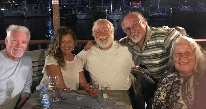 Ken Smith on LOON, Marilyn Doughty & me from BLUE YONDER, celebrating with Martin & Tina Hirst on Petronella in Rodney Bay, St Lucia photo copyright David Bridges taken at  and featuring the Cruising Yacht class