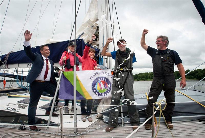 Garry Crothers winner of the OCC Seamanship Award for 2020 arrives to a hero's welcome in Derry, Northern Ireland photo copyright Daria Blackwell taken at  and featuring the Cruising Yacht class