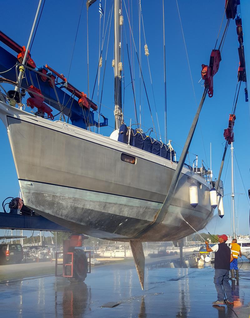 Minnie B being lifted out and power washed - no they did not have any collection facility but, on the other hand after two and a half years in the water, sad to say pretty much all the anti-fouling had gone photo copyright Phil Heaton taken at  and featuring the Cruising Yacht class