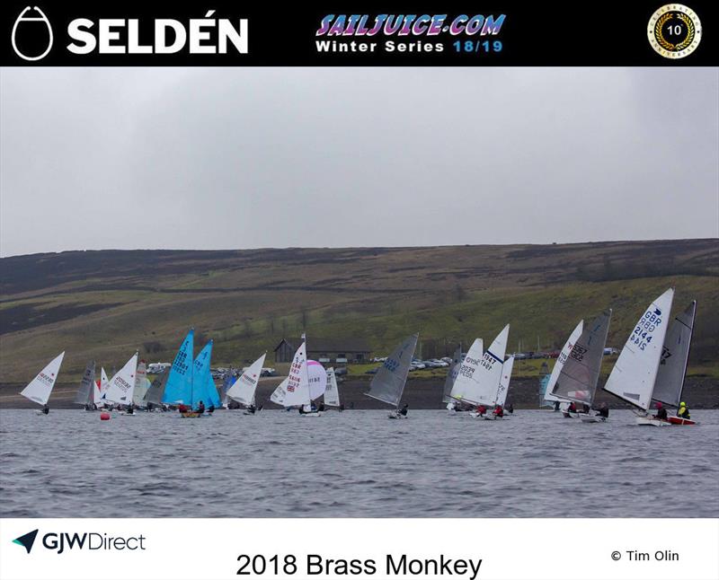 The fleet downwind during the Yorkshire Dales Brass Monkey photo copyright Tim Olin / www.olinphoto.co.uk taken at Yorkshire Dales Sailing Club and featuring the Dinghy class