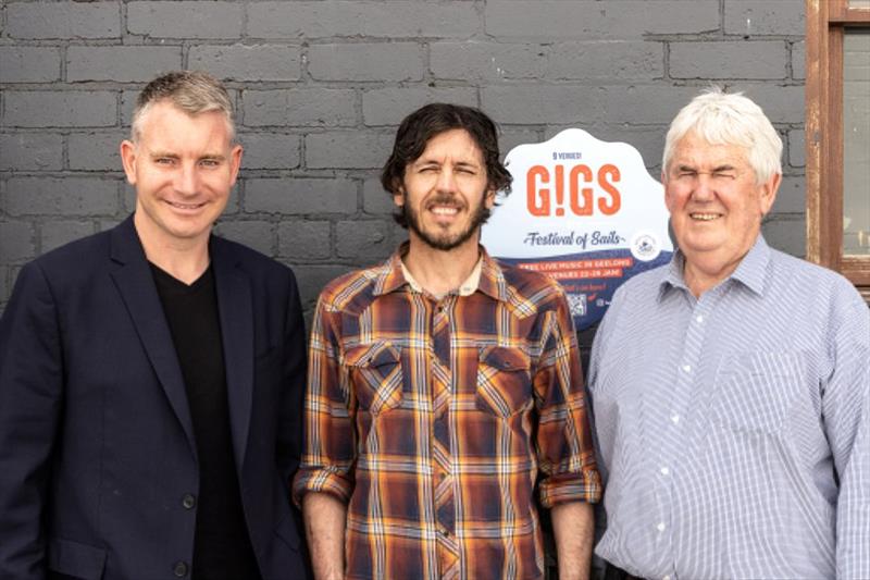 (from left to right) Piano Bar co-owner Aaron Skinner, performer Marcus Hayden and Geelong Connected Communities Chair Roger Grant photo copyright Royal Geelong Yacht Club taken at Royal Geelong Yacht Club and featuring the Environment class