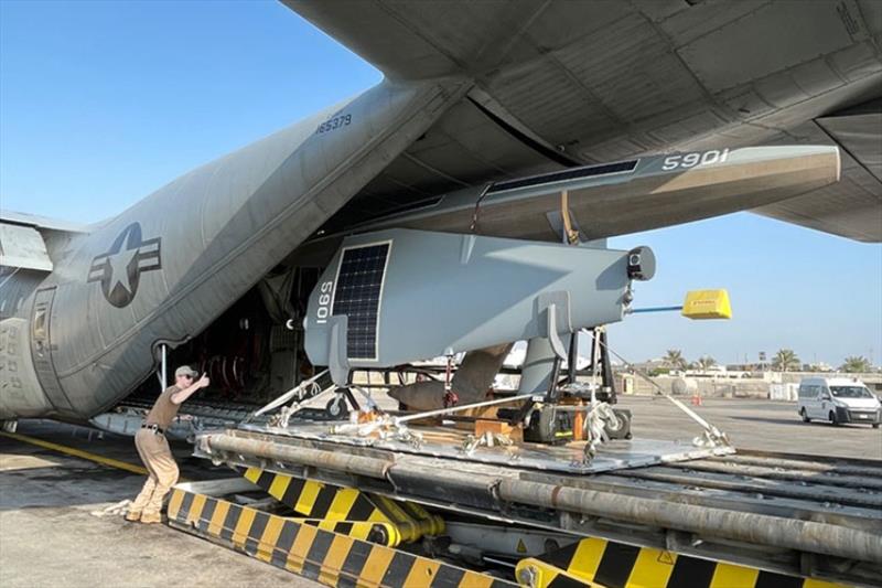 SD 5901 getting loaded into a US Navy Lockheed C-130T Hercules in Bahrain en route to Jordan for the Task Force 59 mission photo copyright Saildrone taken at  and featuring the Environment class