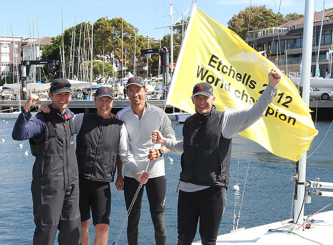 The Iron Lotus team of Owen McMahon, David Edwards, Tom King and Ivan Wheen celebrate their Etchells Worlds win photo copyright Ingrid Abery / www.ingridabery.com taken at Royal Sydney Yacht Squadron and featuring the Etchells class