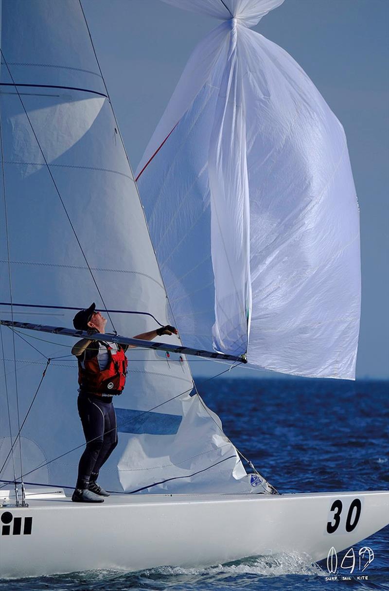 Pesty kite aboard, Rogue photo copyright Mitchell Pearson / SurfSailKite taken at Royal Queensland Yacht Squadron and featuring the Etchells class