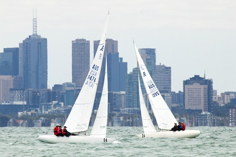 Magpie and Shoulda Gone Left in front of Melbourne's CBD - 2020 Etchells Australian Championship, final day photo copyright John Curnow taken at Royal Brighton Yacht Club and featuring the Etchells class