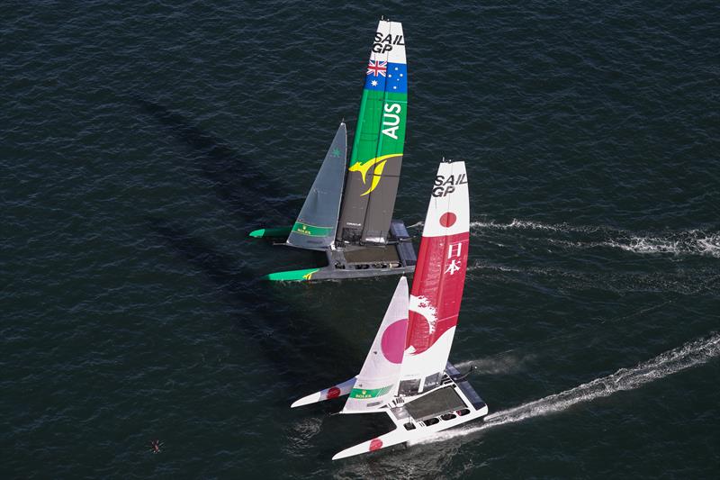 Australia SailGP Team skippered by Tom Slingsby wins the second race as Japan SailGP Team skippered by Nathan Outteridge earns second place on day 1 of SailGP Sydney photo copyright David Gray / SailGP taken at  and featuring the F50 class