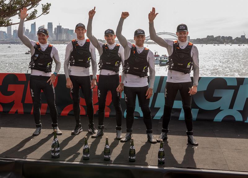 SailGP Australia Team Celebrate their win (l-r) Tom Slingsby, Kyle Langford, Jason Waterhouse, Ky Hurst and Sam Newton on day two of competition at the Sydney SailGP photo copyright Chris Cameron / SailGP taken at  and featuring the F50 class
