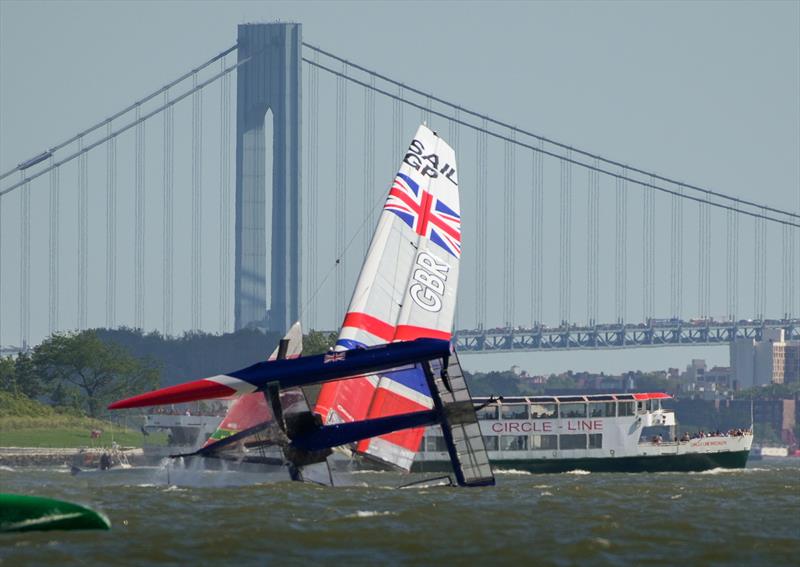 Great Britain SailGP Team capsize during the build-up to race 1 on New York SailGP day 1 photo copyright Drew Malcolm / SailGP taken at  and featuring the F50 class