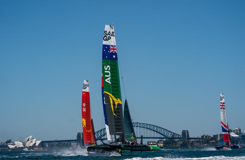 The Australia SailGP Team's F50 with Skipper Tom Slingsby AUS at the helm (centre) tduring he opening of event of SailGP Season 1 on Sydney Harbour photo copyright Bob Martin for SailGP taken at  and featuring the F50 class