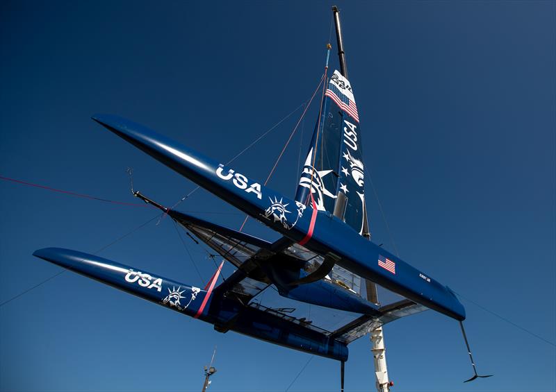 The Team USA F50 catamaran being winched into the water ahead of a practice session. Race 2 Season 1 SailGP event in San Francisco, California, United States. 22 April  photo copyright Jed Jacobsohn for SailGP taken at Golden Gate Yacht Club and featuring the F50 class