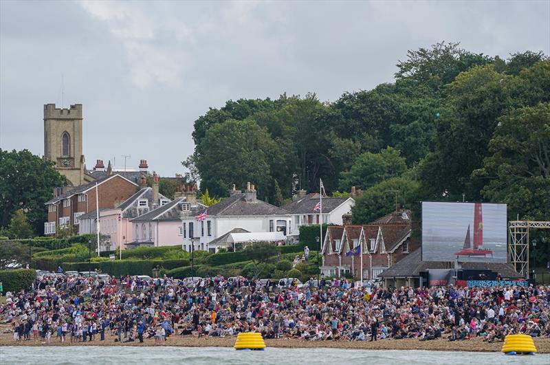 Crowds on the shoreline during the first race in high winds on Race Day. Event 4 Season 1 SailGP event in Cowes, Isle of Wight, England, United Kingdom photo copyright Bob Martin for SailGP taken at  and featuring the F50 class
