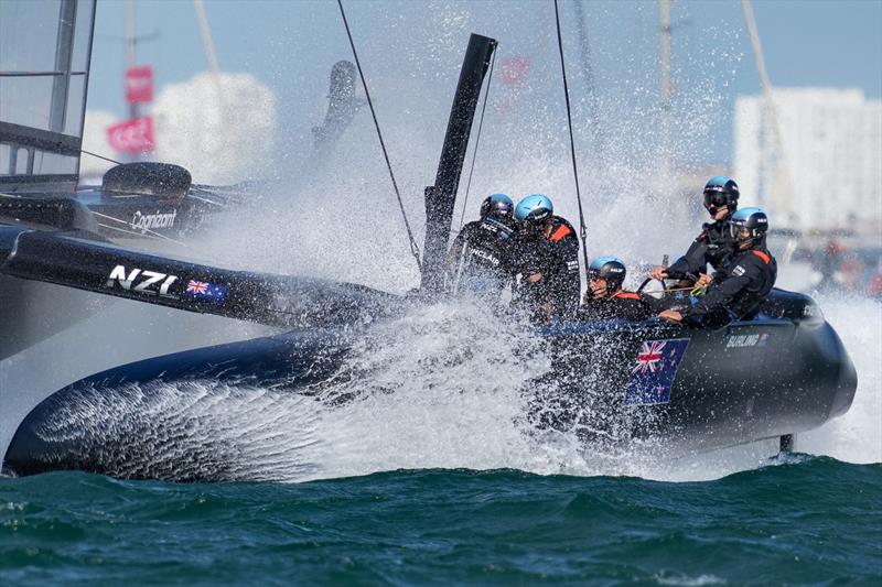 New Zealand SailGP Team co-helmed by Peter Burling and Blair Tuke in action on Race Day 2 at Spain SailGP -10th October  photo copyright Bob Martin/SailGP taken at  and featuring the F50 class