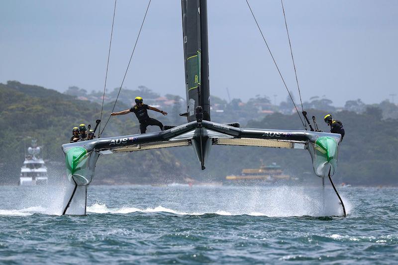 Australia SailGP Team helmed by Tom Slingsby in action during the practice fleet races ahead of Australia Sail Grand Prix presented by KPMG photo copyright Phil Hilyard for SailGP taken at  and featuring the F50 class