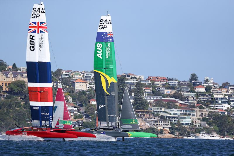 Australia SailGP Team helmed by Tom Slingsby and Great Britain SailGP Team helmed by Ben Ainslie in action on Race Day 1, Australia Sail Grand Prix presented by KPMG photo copyright Phil Hilyard for SailGP taken at  and featuring the F50 class