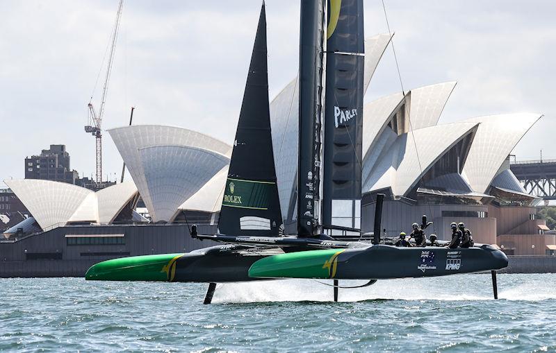 Australia SailGP Team helmed by Tom Slingsby warms-up in front of the Sydney Opera House ahead of racing on Race Day 1, Australia Sail Grand Prix presented by KPMG photo copyright Brett Costello for SailGP taken at  and featuring the F50 class