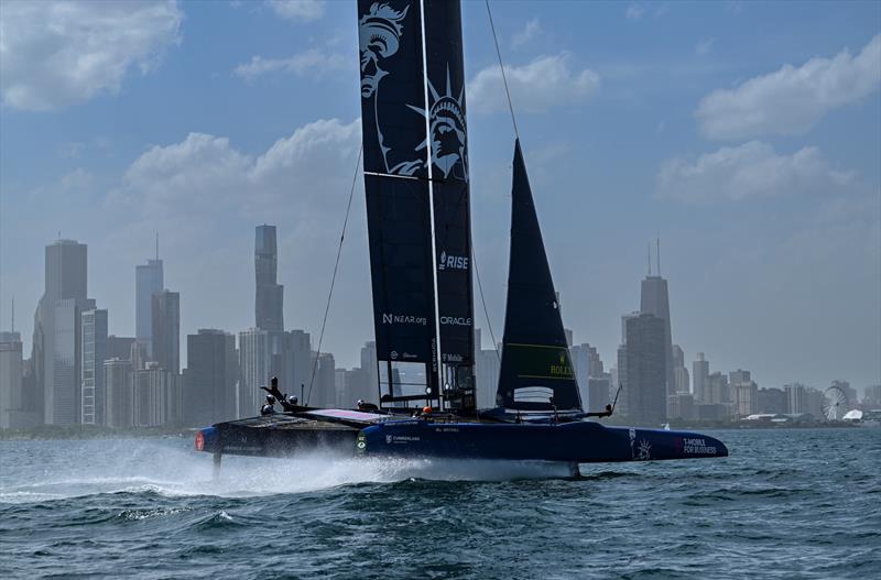 USA SailGP Team helmed by Jimmy Spithill sail past the Chicago skyline ahead of T-Mobile United States Sail Grand Prix photo copyright Ricardo Pinto for SailGP taken at  and featuring the F50 class