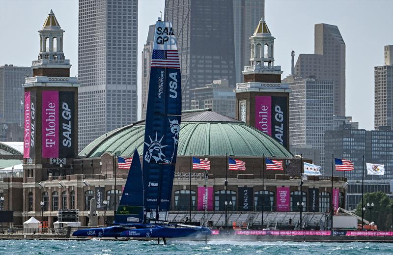 USA SailGP Team helmed by Jimmy Spithill sail past the Chicago skyline ahead of T-Mobile United States Sail Grand Prix photo copyright Ricardo Pinto for SailGP taken at  and featuring the F50 class