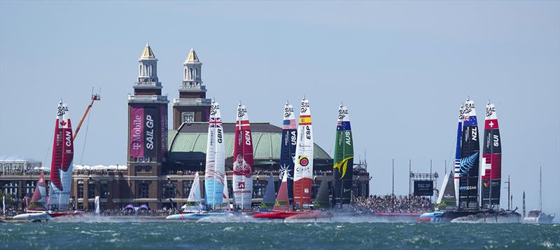 The fleet sail past spectators at Navy Pier on Race Day 1 of the T-Mobile United States Sail Grand Prix | Chicago at Navy Pier, Season 3 photo copyright Bob Martin for SailGP taken at  and featuring the F50 class