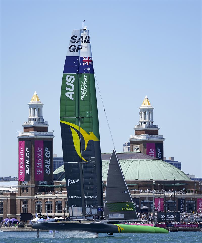 Australia SailGP Team helmed by Tom Slingsby sail near Navy Pier on Race Day 1 of the T-Mobile United States Sail Grand Prix | Chicago at Navy Pier, Season 3 photo copyright Bob Martin for SailGP taken at  and featuring the F50 class