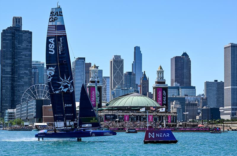 USA SailGP Team helmed by Jimmy Spithill sails past the Navy Pier and Chicago skyline on Race Day 1 of the T-Mobile United States Sail Grand Prix | Chicago at Navy Pier photo copyright Ricardo Pinto for SailGP taken at  and featuring the F50 class