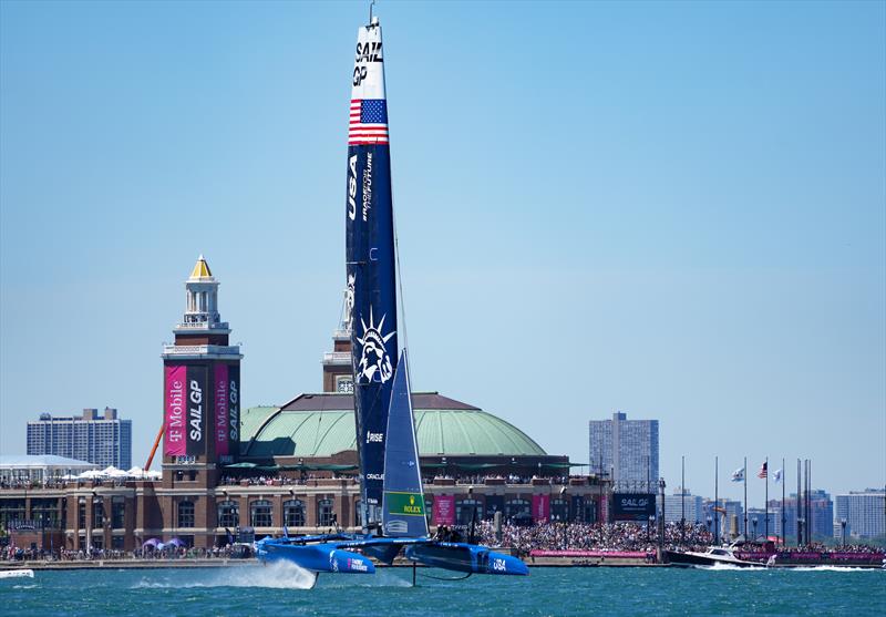 USA SailGP Team helmed by Jimmy Spithill sail past spectators at Navy Pier on Race Day 1 of the T-Mobile United States Sail Grand Prix | Chicago at Navy Pier photo copyright Bob Martin for SailGP taken at  and featuring the F50 class