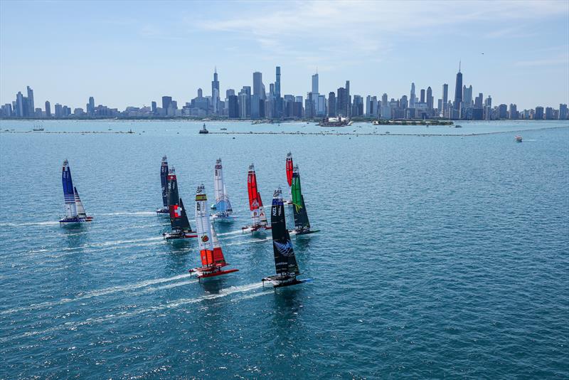 The SailGP F50 catamaran fleet sail towards the Chicago skyline and Navy Pier on Race Day 2 of the T-Mobile United States Sail Grand Prix | Chicago at Navy Pier photo copyright Simon Bruty for SailGP taken at  and featuring the F50 class