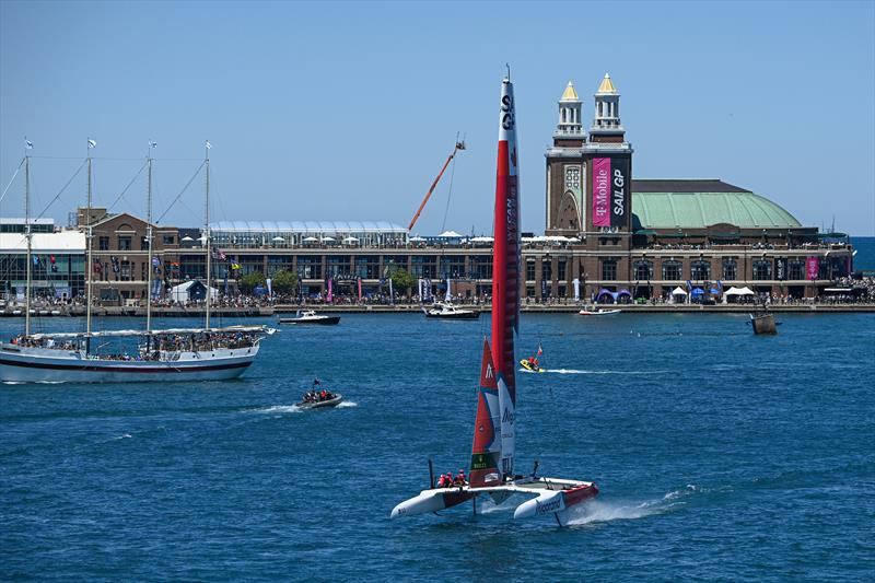 Canada SailGP Team helmed by Phil Robertson sails away from the Navy Pier on Race Day 1 of the T-Mobile United States Sail Grand Prix, Chicago at Navy Pier, Lake Michigan, Season 3 photo copyright Jon Buckle/SailGP taken at Chicago Yacht Club and featuring the F50 class