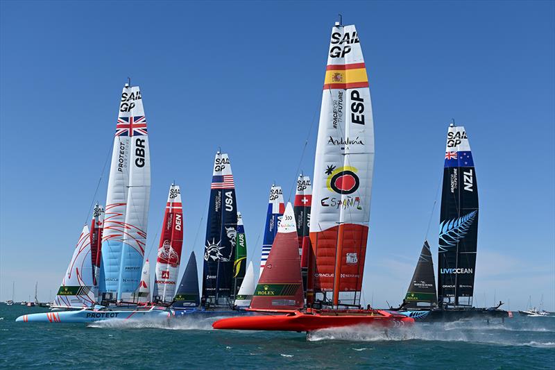 The fleet in action on Race Day 1 of the T-Mobile United States Sail Grand Prix | Chicago at Navy Pier, Lake Michigan, Season 3, in Chicago, Illinois, USA photo copyright Ricardo Pinto for SailGP taken at  and featuring the F50 class