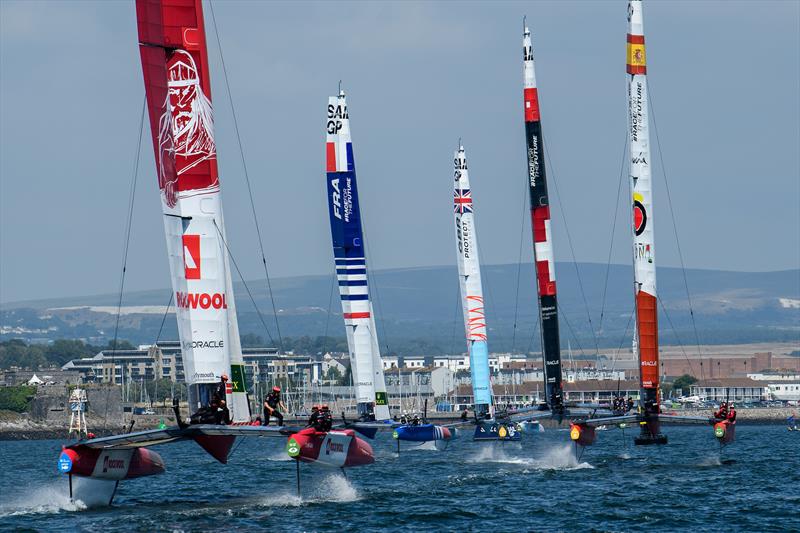 The F50 catamaran Fleet in action during a practice session ahead of the Great Britain Sail Grand Prix | Plymouth in Plymouth, England. 29th July 2022 photo copyright Ricardo Pinto/SailGP taken at Royal Plymouth Corinthian Yacht Club and featuring the F50 class