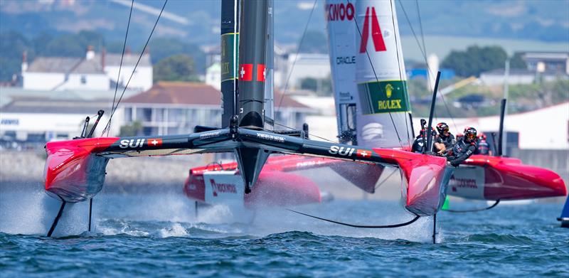 Switzerland SailGP Team helmed by Sebastien Schneiter practice session ahead of the Great Britain Sail Grand Prix | Plymouth in Plymouth, England. 29th July 2022 photo copyright Bob Martin/SailGP taken at Royal Plymouth Corinthian Yacht Club and featuring the F50 class