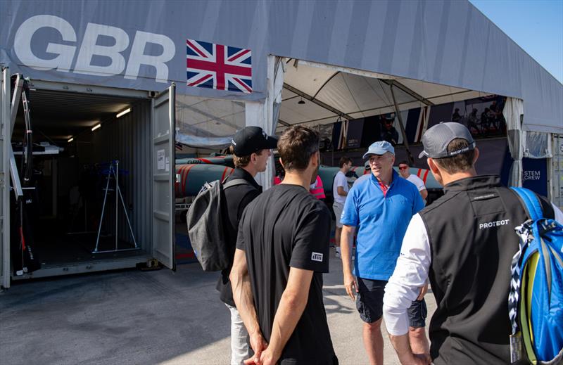Lewis Pugh, former endurance swimmer and UN Patron of the Oceans, speaks with Peter Burling, Blair Tuke and wing trimmer of  SailGP Team, and Ben Ainslie, before he joins the Great Britain SailGP Team as a sixth sailor during a practice session ahead of t photo copyright Ricardo Pinto/SailGP taken at Royal Plymouth Corinthian Yacht Club and featuring the F50 class