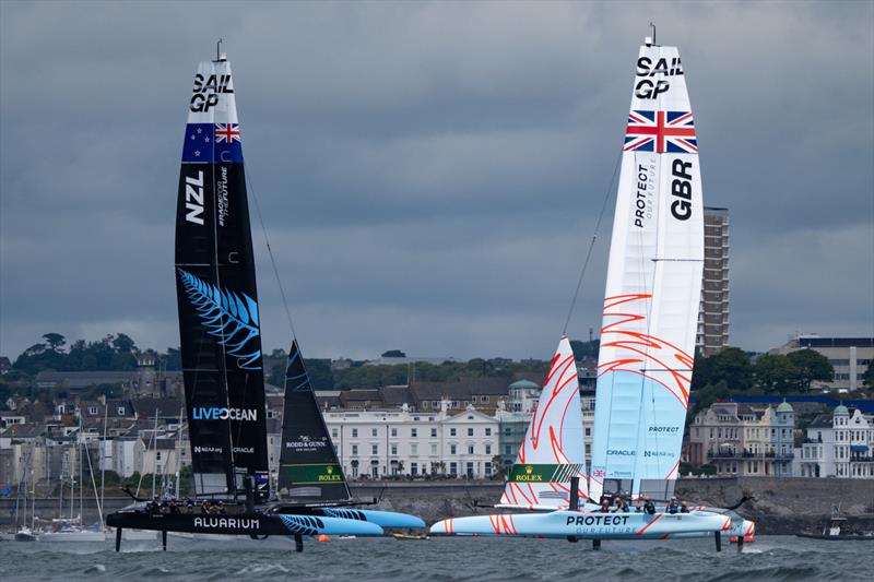 New Zealand SailGP Team  and Great Britain SailGP Team  in action on Race Day 1 of the Great Britain Sail Grand Prix | Plymouth in Plymouth, England. 30th July 2022 photo copyright Jon Buckle/SailGP taken at Royal Plymouth Corinthian Yacht Club and featuring the F50 class