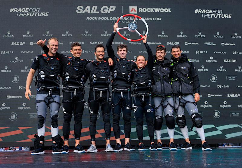 The New Zealand SailGP Team lift the trophy and celebrate after winning the ROCKWOOL Denmark Sail Grand Prix in Copenhagen, Denmark photo copyright Felix Diemer for SailGP taken at  and featuring the F50 class