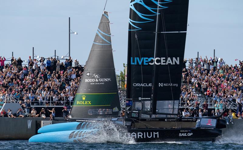 New Zealand SailGP Team sails past spectators at the Race Village as they cross the finish line on Race Day 2 of the Denmark Sail Grand Prix in Copenhagen, Denmark. 20th August photo copyright Bob Martin/SailGP taken at Royal Danish Yacht Club and featuring the F50 class