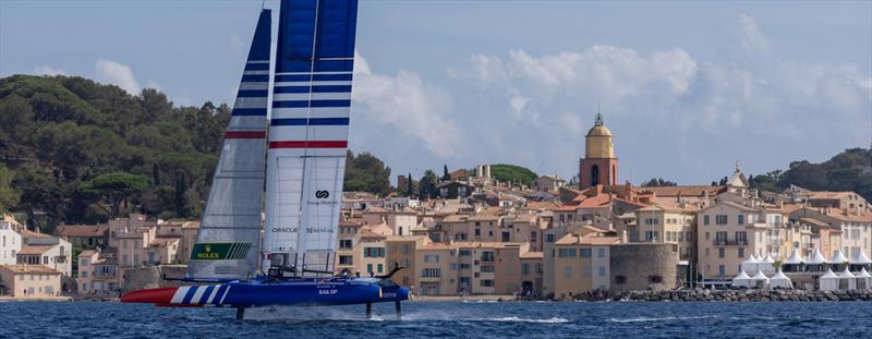 France SailGP Team sail past the bell tower and old town ahead of the Range Rover France Sail Grand Prix in Saint Tropez photo copyright David Gray/SailGP taken at Société Nautique de Saint-Tropez and featuring the F50 class