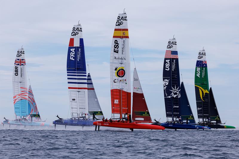 The fleet in action during a practice session ahead of the Range Rover France Sail Grand Prix in Saint Tropez, France. 6th September photo copyright David Gray/SailGP taken at Société Nautique de Saint-Tropez and featuring the F50 class
