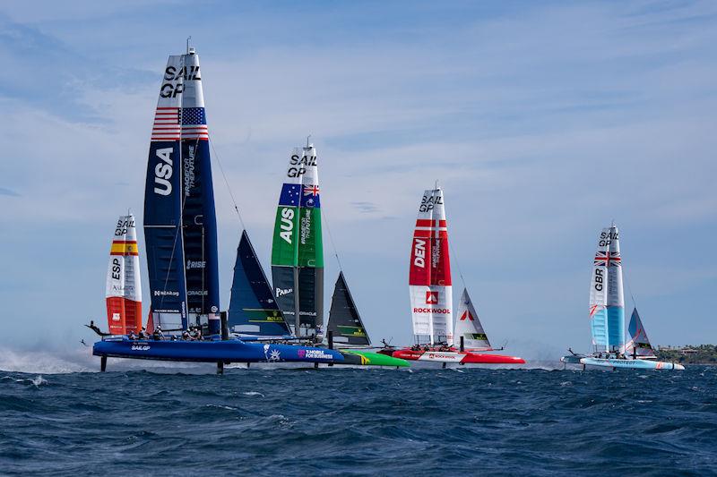The fleet in action on Race Day 1 of the Range Rover France Sail Grand Prix in Saint Tropez, France photo copyright Bob Martin for SailGP taken at  and featuring the F50 class
