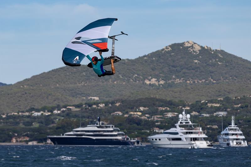 Young sailors in the SailGP Inspire program try out the Armstrong Wing SUP board on Race Day 1 of the Range Rover France Sail Grand Prix in Saint Tropez, France. 10th September  photo copyright Felix Diemer/SailGP taken at Société Nautique de Saint-Tropez and featuring the F50 class