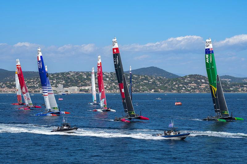 The fleet in action on Race Day 2 of the Range Rover France Sail Grand Prix in Saint Tropez, France photo copyright Andrew Baker for SailGP taken at  and featuring the F50 class