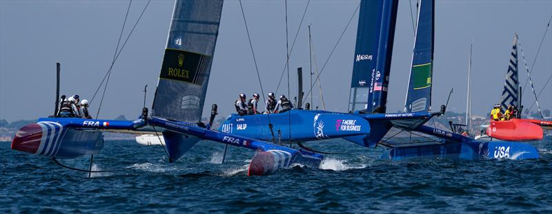 France SailGP Team helmed by Quentin Delapierre and USA SailGP Team helmed by Jimmy Spithill ahead of the Spain Sail Grand Prix in Cadiz, Andalusia, Spain photo copyright Bob Martin for SailGP taken at  and featuring the F50 class