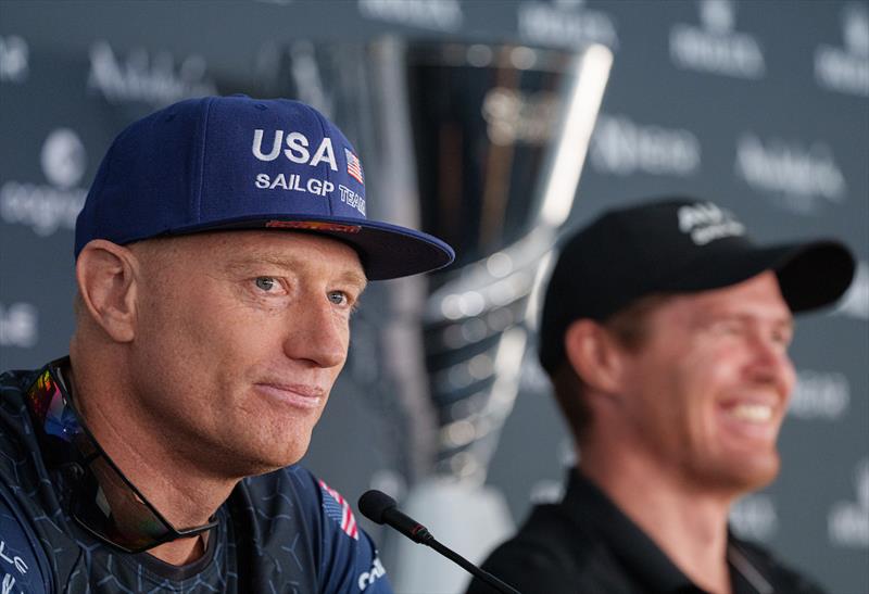 Jimmy Spithill, CEO & driver of USA SailGP Team, speaks to the media alongside Tom Slingsby, CEO and driver of Australia SailGP Team, in a press conference ahead of the Spain Sail Grand Prix in Cadiz, Andalusia, Spain photo copyright Bob Martin for SailGP taken at  and featuring the F50 class