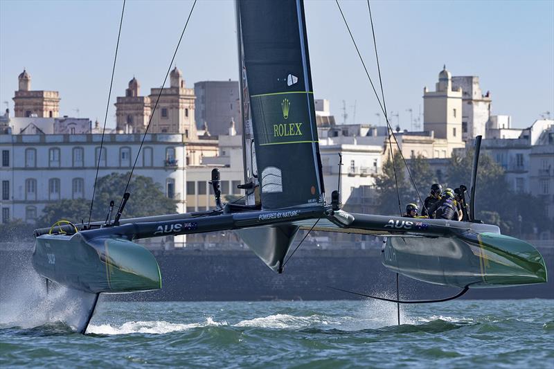 Australia SailGP Team helmed by Tom Slingsby in action during a practice session ahead of the Spain Sail Grand Prix in Cadiz, Andalusia, Spain. 23rd September photo copyright Ian Walton for SailGP taken at  and featuring the F50 class