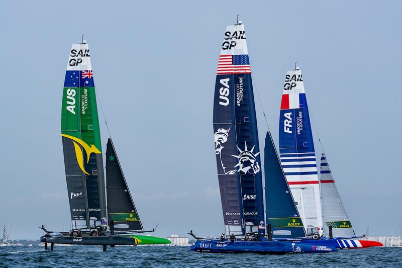 Australia SailGP Team helmed by Tom Slingsby, USA SailGP Team USA helmed by Jimmy Spithill, and France SailGP Team FRA helmed by Quentin Delapierre on Race Day 2 of the Spain Sail Grand Prix in Cadiz, Andalusia, Spain photo copyright Bob Martin for SailGP taken at  and featuring the F50 class