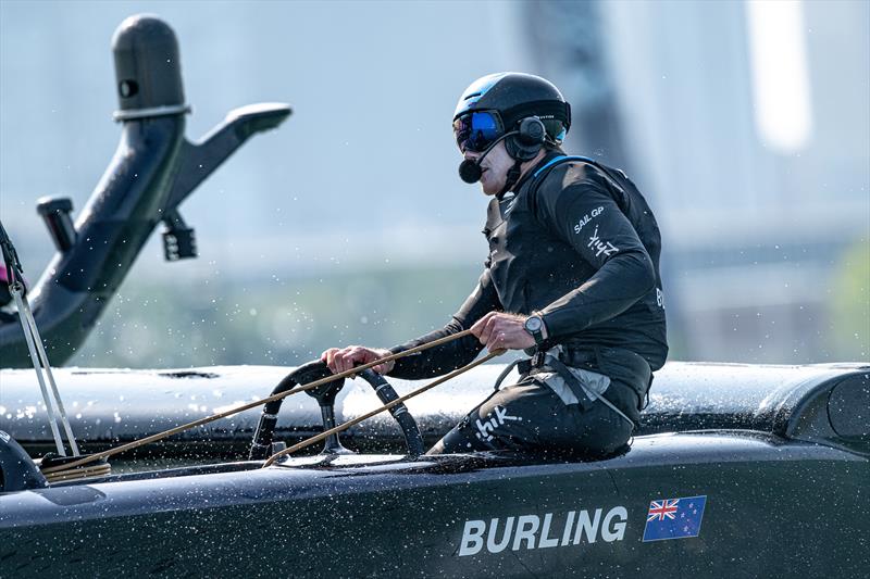 Peter Burling, Co-CEO and driver of New Zealand SailGP Team, in action at the wheel on Race Day 1 of the Rolex United States Sail Grand Prix | Chicago photo copyright Ricardo Pinto/SailGP taken at Lake Michigan Yacht Club and featuring the F50 class