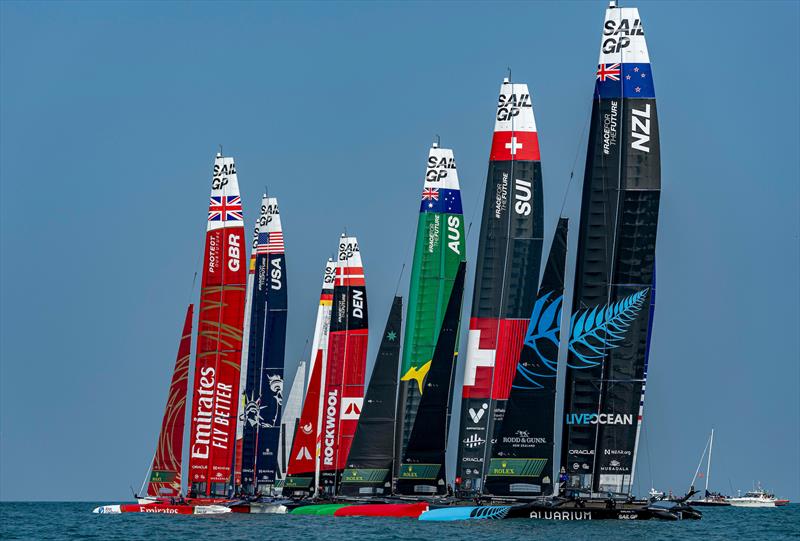 New Zealand SailGP Team helmed by Peter Burling in action alongside the fleet in light winds on Race Day 2 of the Rolex United States Sail Grand Prix | Chicago at Navy Pier, Season 4, in Chicago, Illinois, USA photo copyright Bob Martin for SailGP taken at  and featuring the F50 class