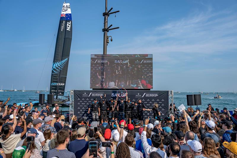 New Zealand SailGP Team celebrates winning the Rolex United States Sail Grand Prix | Chicago photo copyright Bob Martin/SailGP taken at Chicago Yacht Club and featuring the F50 class