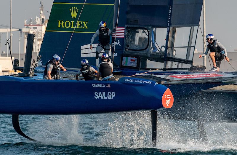 Mike Buckley, CEO of USA SailGP Team, behind the wheel as the USA SailGP Team take part in a practice session ahead of the Emirates Sail Grand Prix presented by P&O Marinas in Dubai, United Arab Emirates photo copyright Ricardo Pinto for SailGP taken at  and featuring the F50 class