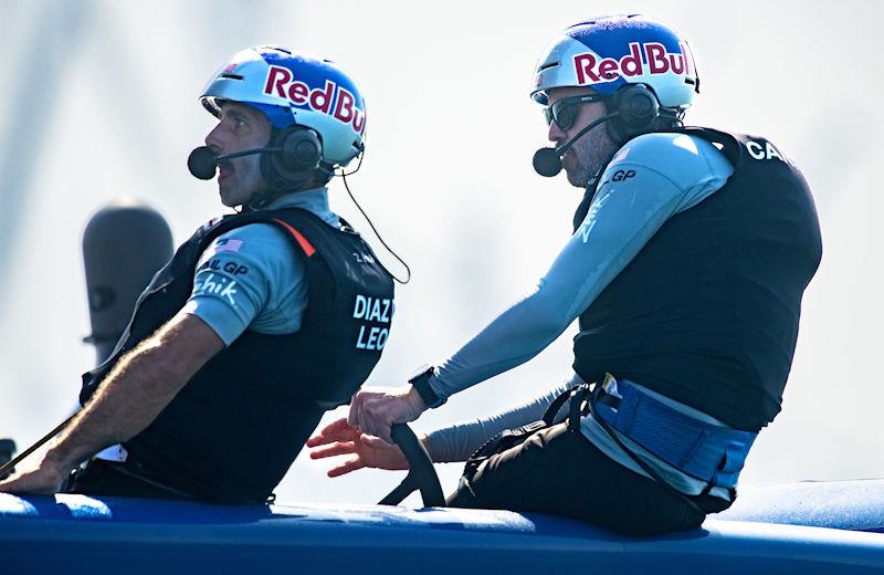 Taylor Canfield, driver of USA SailGP Team, in action at the wheel alongside Victor Diaz de Leon, wing trimmer of USA SailGP Team, ahead of the Emirates Sail Grand Prix presented by P&O Marinas in Dubai, United Arab Emirates photo copyright Ricardo Pinto for SailGP taken at  and featuring the F50 class