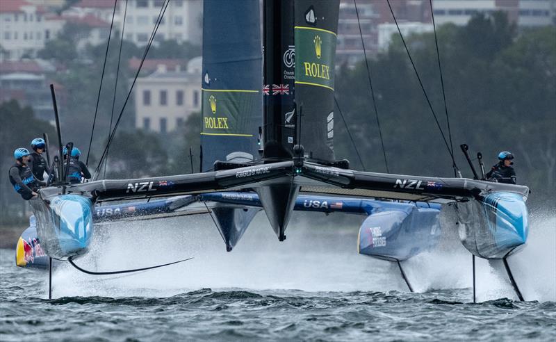New Zealand SailGP Team helmed by interim driver Nathan Outteridge sails in front of USA SailGP Team on Race Day 1 of the KPMG Australia Sail Grand Prix in Sydney, photo copyright Bob Martin/SailGP taken at Royal New Zealand Yacht Squadron and featuring the F50 class